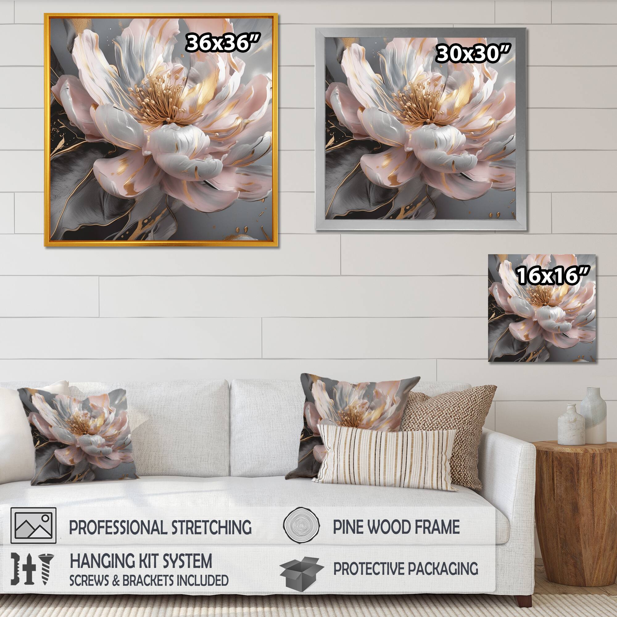 Designart "Marble Pink Gold Peony Flower Iii" Floral Peony Canvas Print